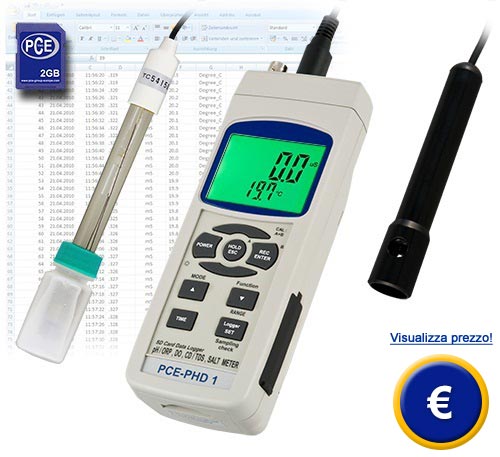 L'analizzatore di ossigeno (O2) disciolto PCE-PHD 1 con scheda SD fino a 16 GB