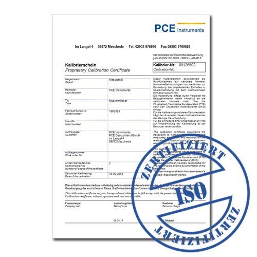 Certificato di calibratura ISO per il misuratore di temperatura PCE-313A
