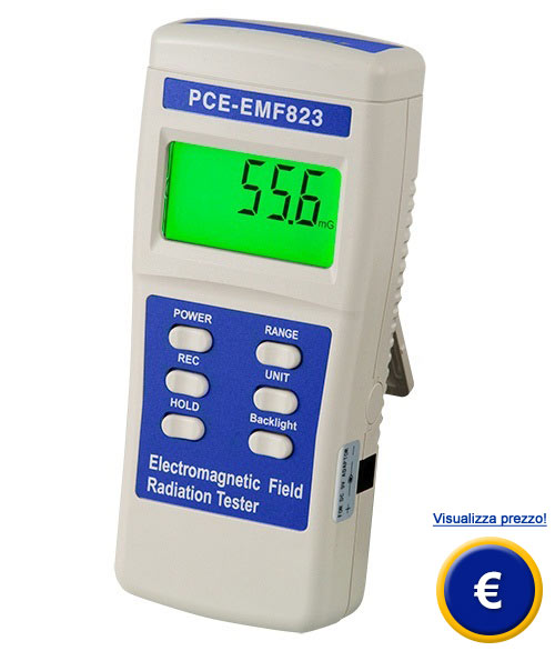 Contatore di radiazione elettrica PCE-EMF 823: indicato principalmente per rilevare le radiazioni elettromagnetiche emesse da strumenti elettrici come televisori, lampade, computer, conduttori di corrente, schermi e impianti elettrici industriali.