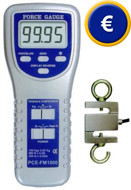 Dinamometro PCE-FM1000 con cellula dinamometrica esterna e interfaccia.