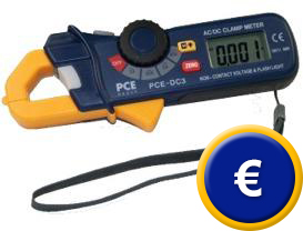 Mini amperometro PCE-DC3 con funzione di memoria dei valori capace di determinare in modo indiretto la tensione delle correnti AC/DC con una alta risoluzione