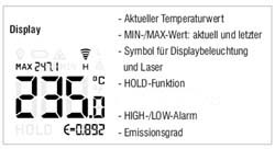Indicatori del display del misuratore laser per la temperatura MS-Plus.