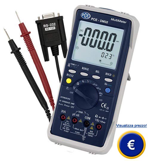 Multimetro PCE-DM 32 (DMM) con interfaccia RS-232 e software.