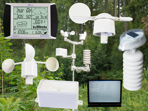 Aui osserva la stazione meteorologica PCE-FWS 20 col software e tutti i sensori che si accoppiano all'albero, tutto compreso nell'invio.