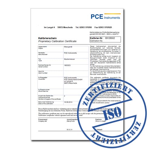 Certificato di calibratura per la bilancia per gioielleria PCE-JS 100